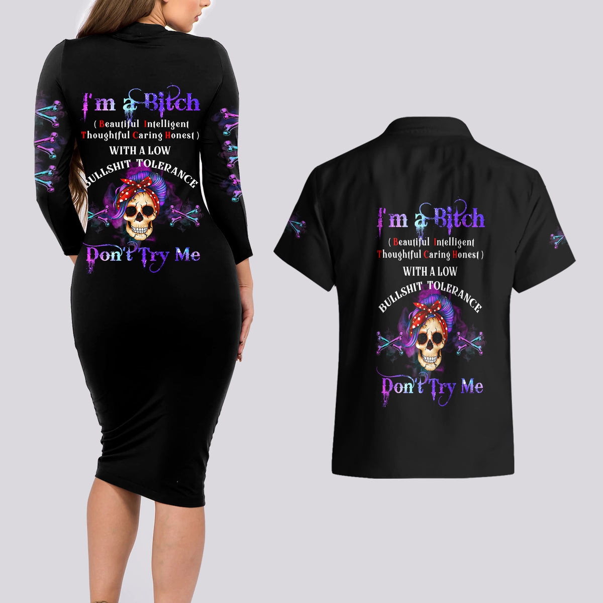I'm A B Don't Try Me - Bullshit Tolerange Couples Matching Long Sleeve Bodycon Dress and Hawaiian Shirt - Wonder Print Shop