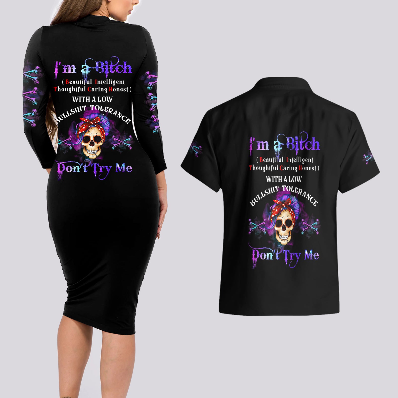 I'm A B Don't Try Me - Bullshit Tolerange Couples Matching Long Sleeve Bodycon Dress and Hawaiian Shirt - Wonder Print Shop