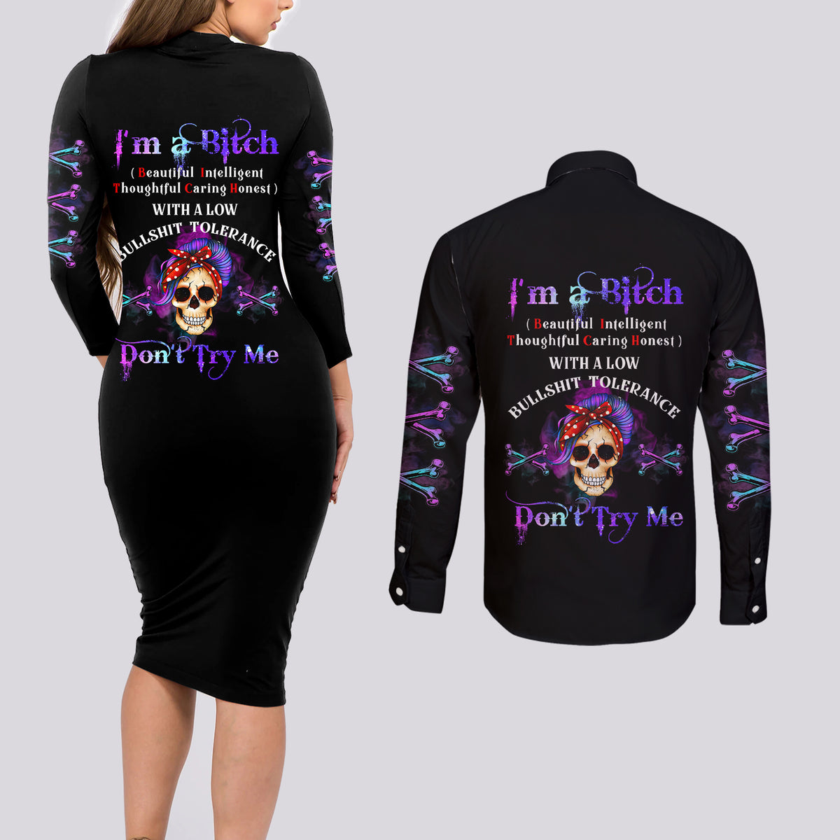 I'm A B Don't Try Me - Bullshit Tolerange Couples Matching Long Sleeve Bodycon Dress and Long Sleeve Button Shirt - Wonder Print Shop