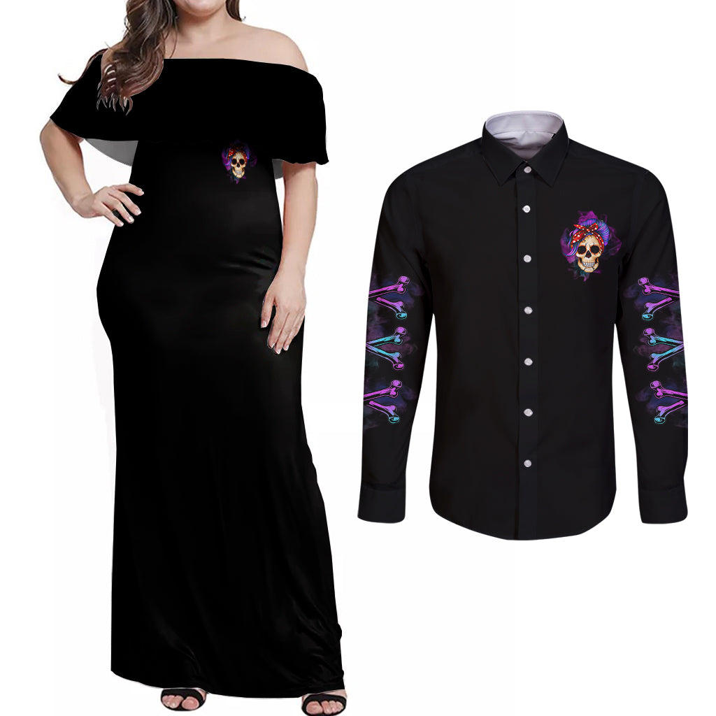 I'm A B Don't Try Me - Bullshit Tolerange Couples Matching Off Shoulder Maxi Dress and Long Sleeve Button Shirt - Wonder Print Shop