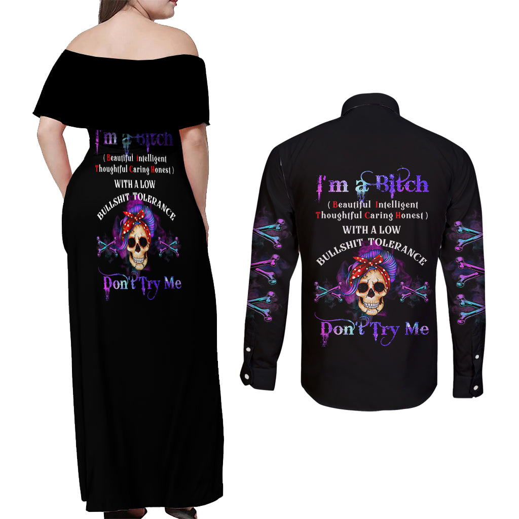 I'm A B Don't Try Me - Bullshit Tolerange Couples Matching Off Shoulder Maxi Dress and Long Sleeve Button Shirt - Wonder Print Shop