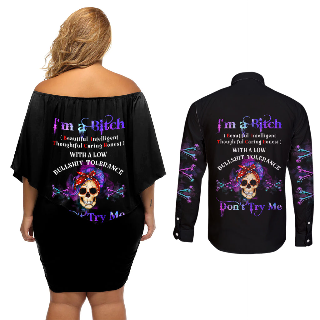 I'm A B Don't Try Me - Bullshit Tolerange Couples Matching Off Shoulder Short Dress and Long Sleeve Button Shirt - Wonder Print Shop