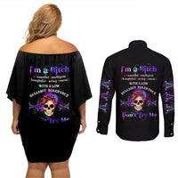 I'm A B Don't Try Me - Bullshit Tolerange Couples Matching Off Shoulder Short Dress and Long Sleeve Button Shirt - Wonder Print Shop