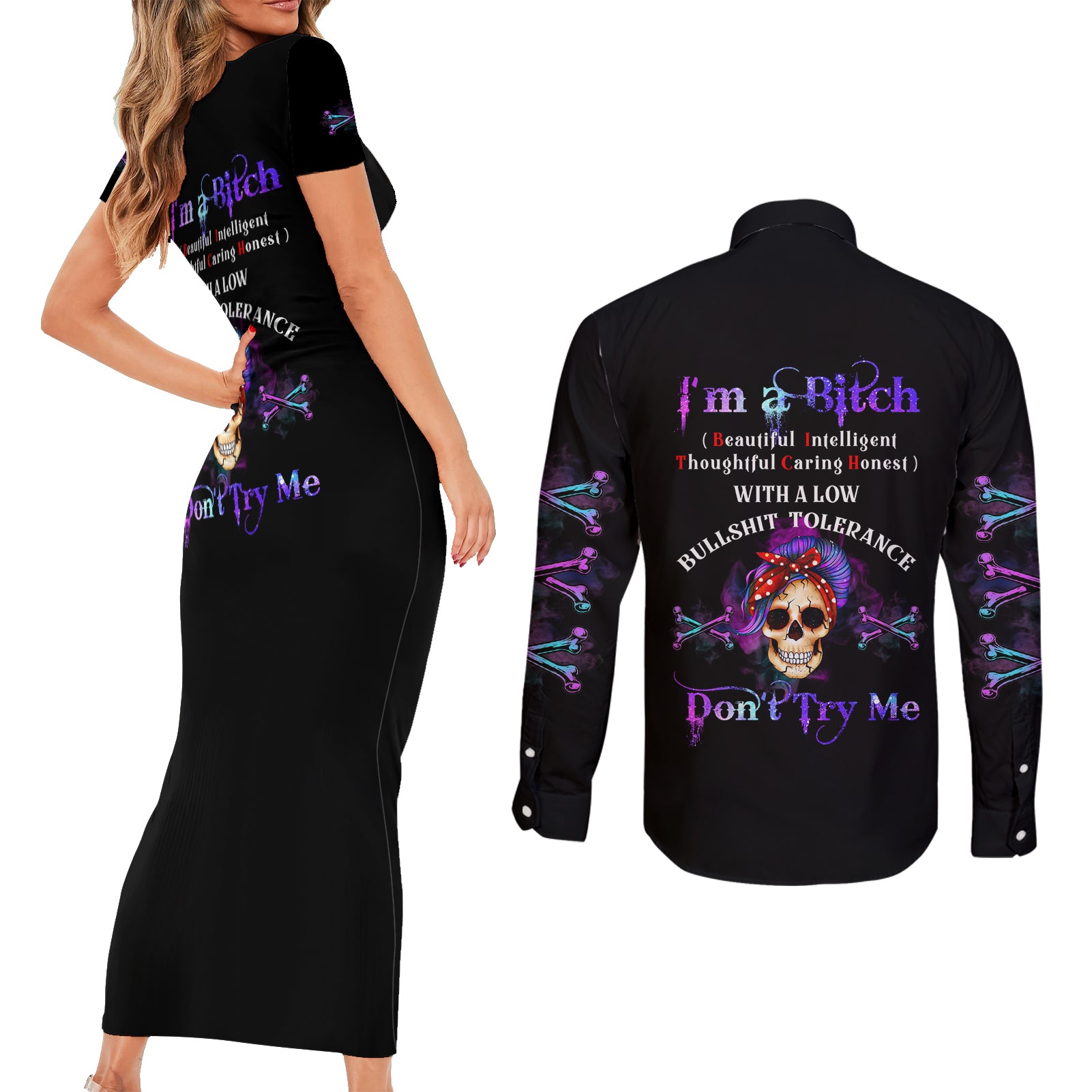 I'm A B Don't Try Me - Bullshit Tolerange Couples Matching Short Sleeve Bodycon Dress and Long Sleeve Button Shirt - Wonder Print Shop