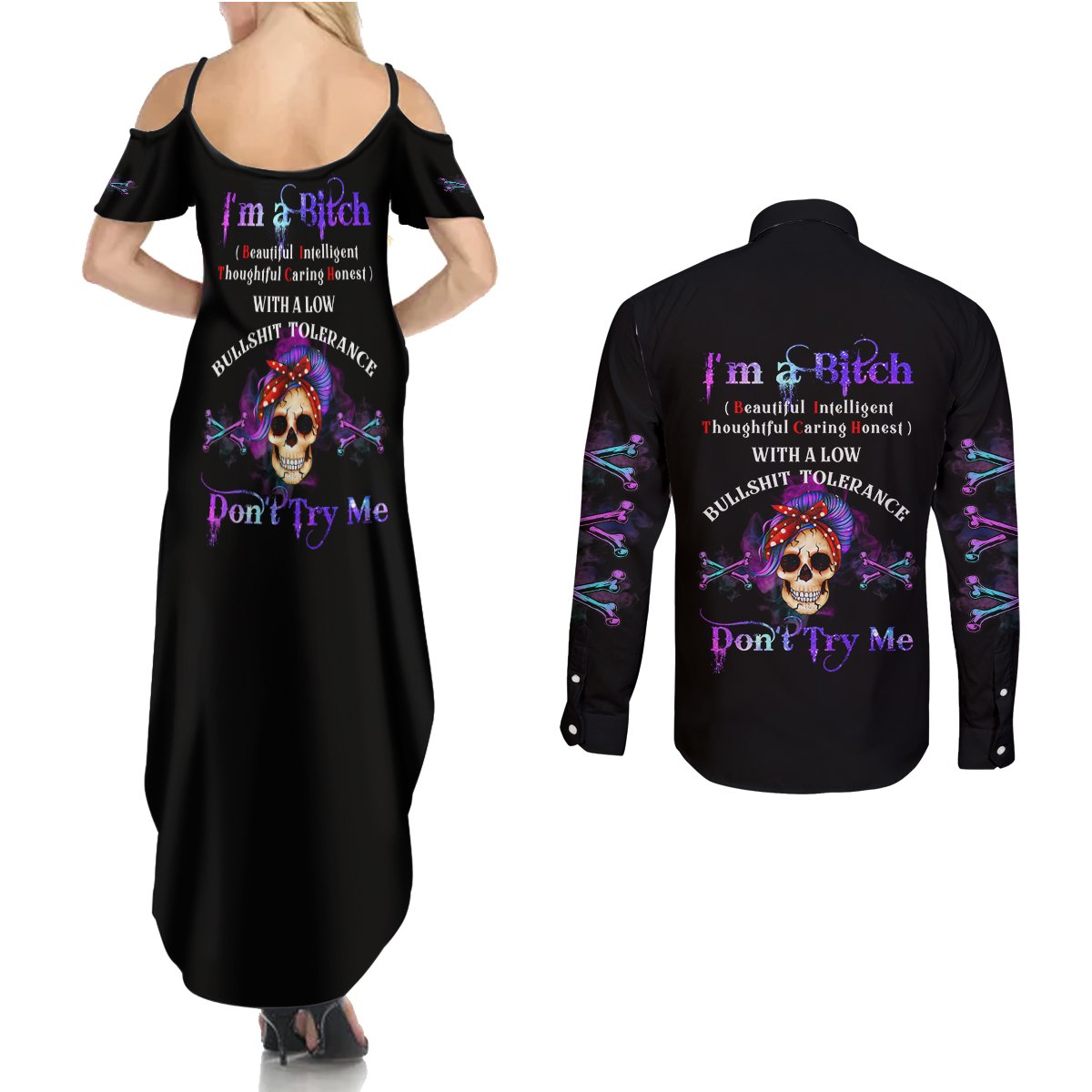 I'm A B Don't Try Me - Bullshit Tolerange Couples Matching Summer Maxi Dress and Long Sleeve Button Shirt - Wonder Print Shop
