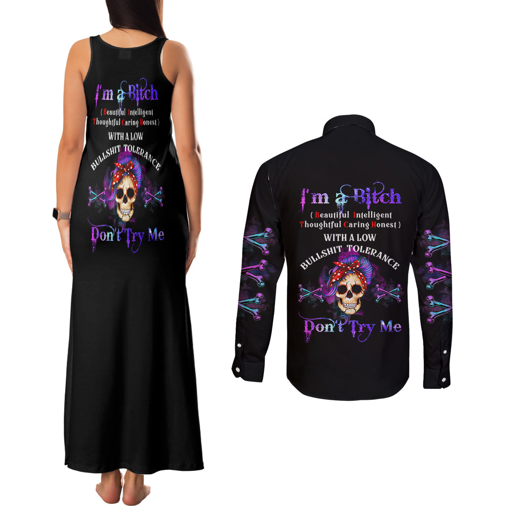 I'm A B Don't Try Me - Bullshit Tolerange Couples Matching Tank Maxi Dress and Long Sleeve Button Shirt - Wonder Print Shop