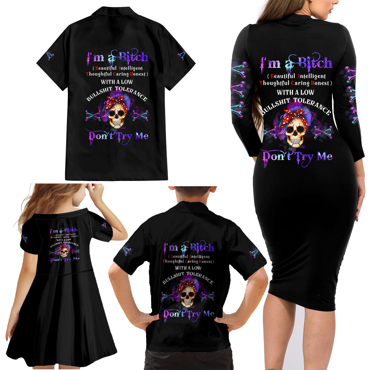 I'm A B Don't Try Me - Bullshit Tolerange Family Matching Long Sleeve Bodycon Dress and Hawaiian Shirt - Wonder Print Shop