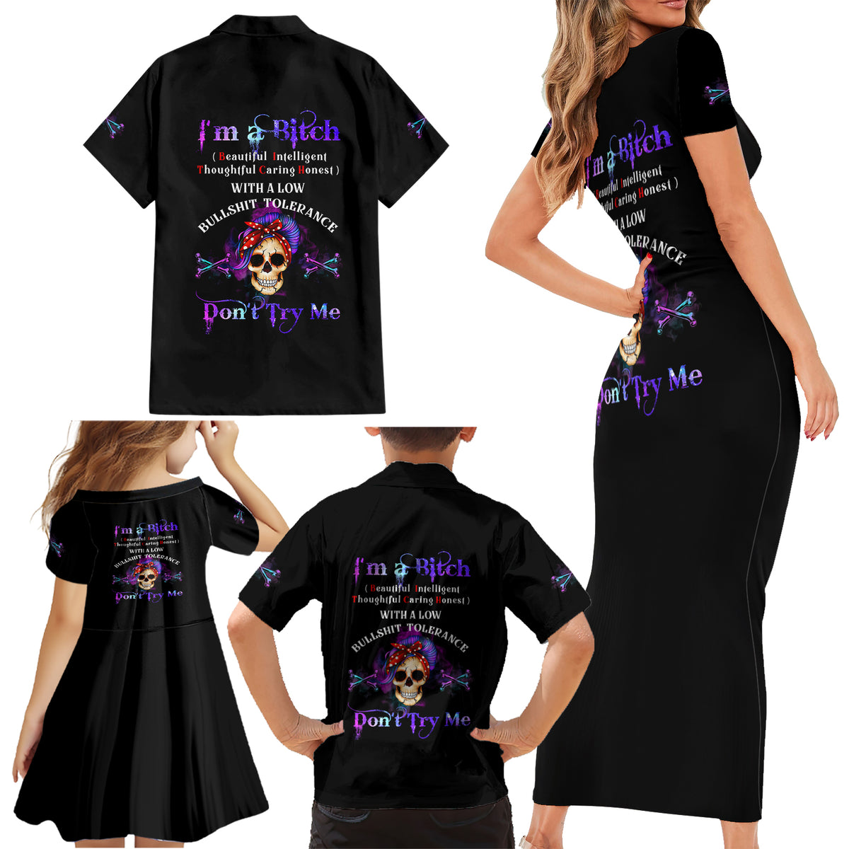 I'm A B Don't Try Me - Bullshit Tolerange Family Matching Short Sleeve Bodycon Dress and Hawaiian Shirt - Wonder Print Shop