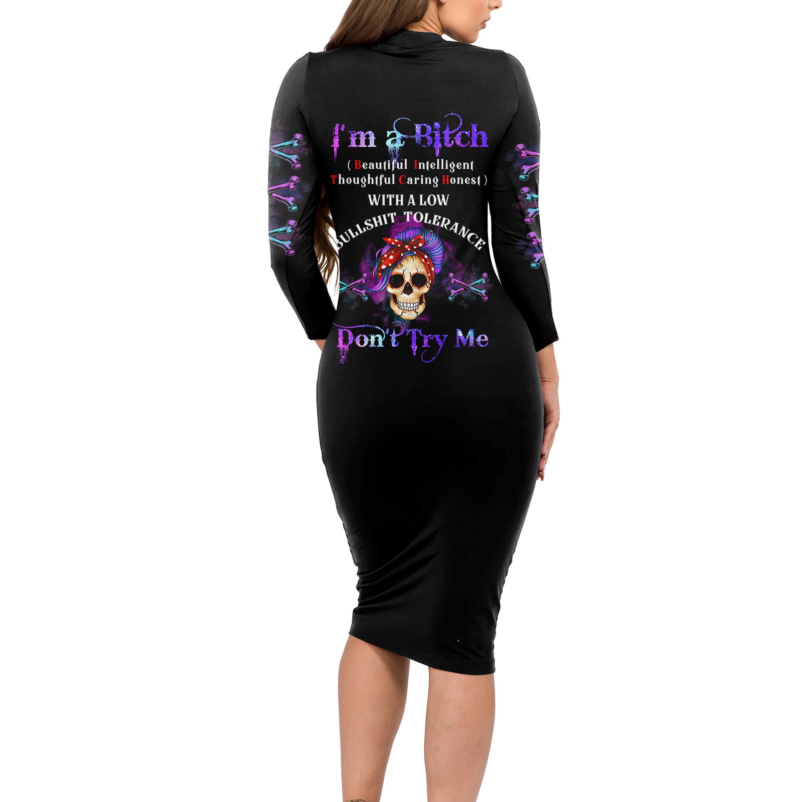 I'm A B Don't Try Me - Bullshit Tolerange Long Sleeve Bodycon Dress - Wonder Print Shop