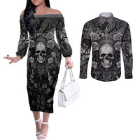 warning-kinda-crazy-messy-bun-skull-couples-matching-off-the-shoulder-long-sleeve-dress-and-long-sleeve-button-shirt