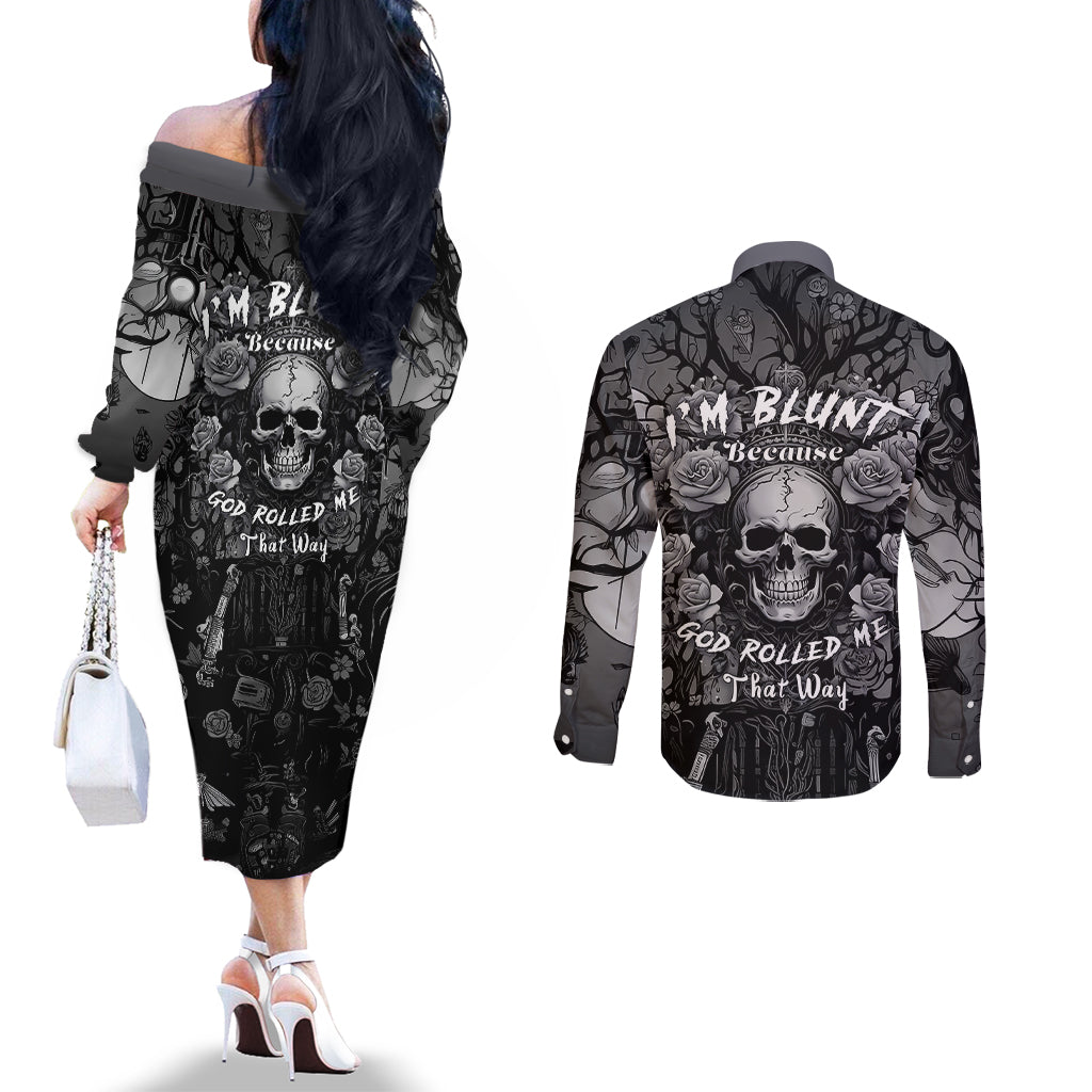 warning-kinda-crazy-messy-bun-skull-couples-matching-off-the-shoulder-long-sleeve-dress-and-long-sleeve-button-shirt