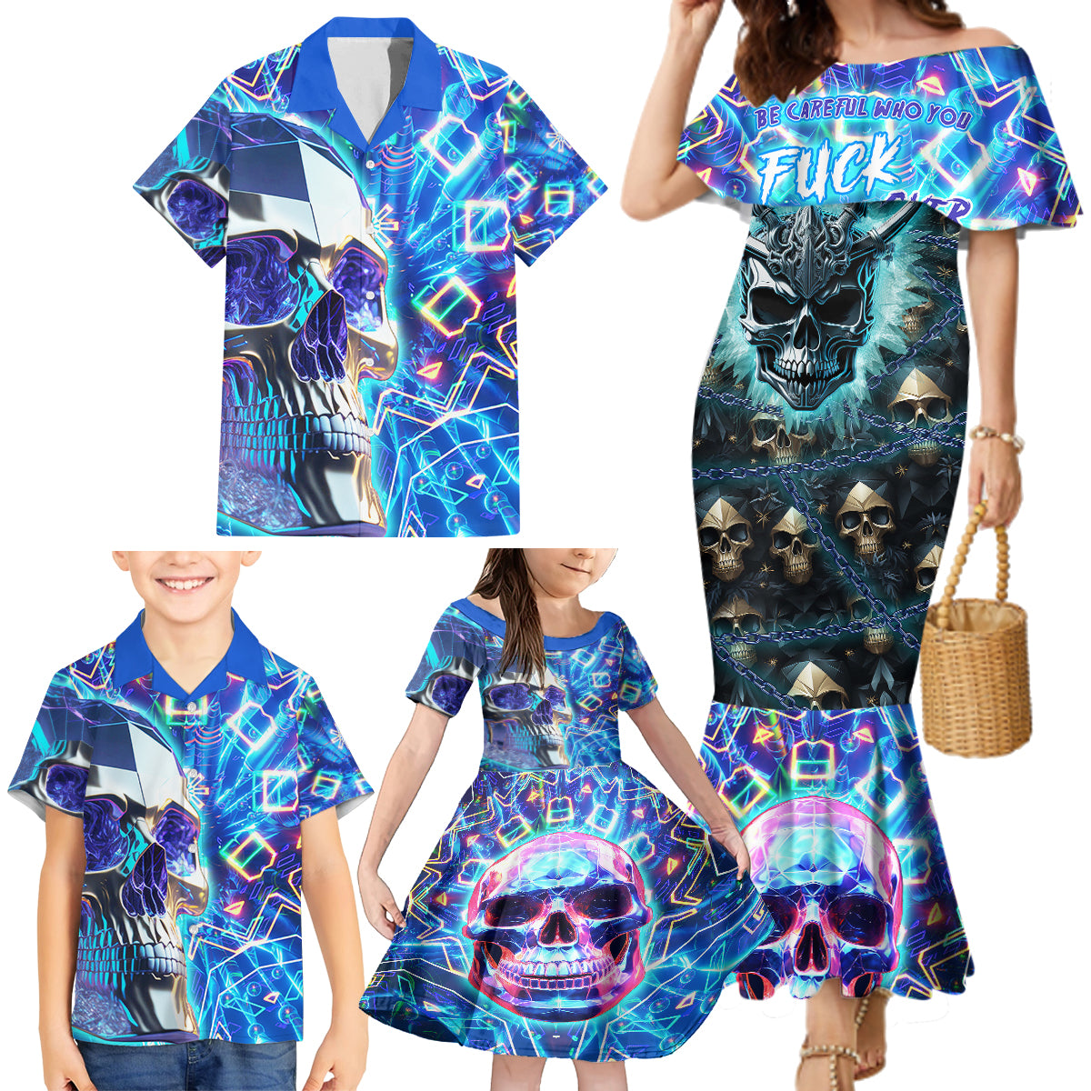 Warning Kinda Crazy Messy Bun Skull Family Matching Mermaid Dress and Hawaiian Shirt - Wonder Print Shop