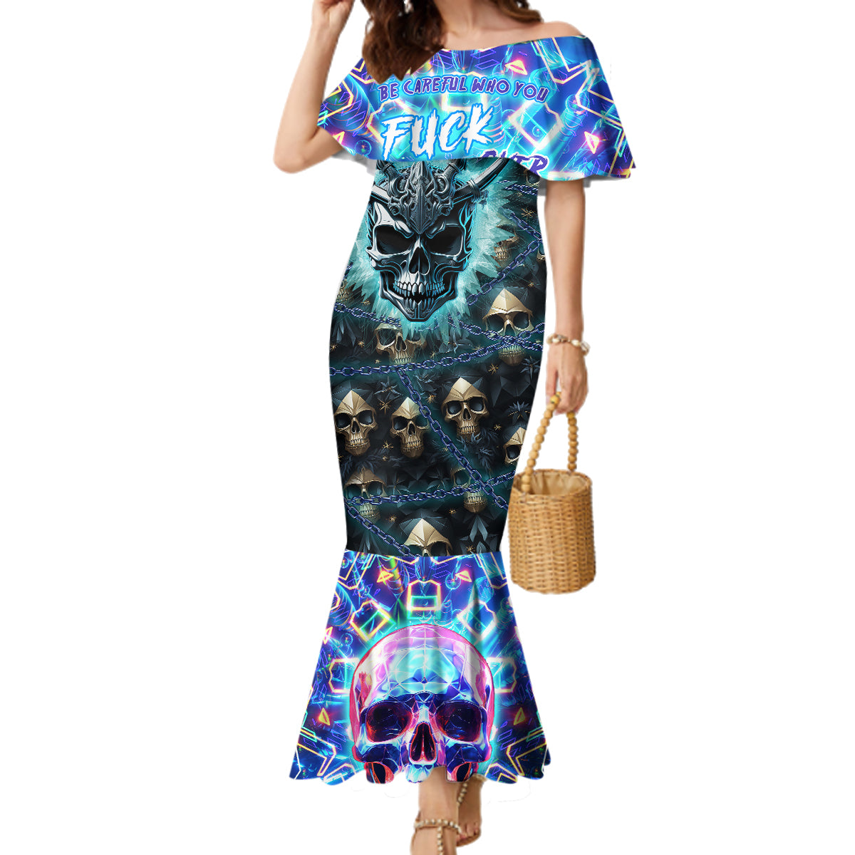 Warning Kinda Crazy Messy Bun Skull Family Matching Mermaid Dress and Hawaiian Shirt - Wonder Print Shop