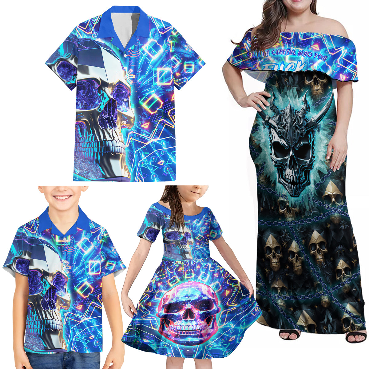 Warning Kinda Crazy Messy Bun Skull Family Matching Off Shoulder Maxi Dress and Hawaiian Shirt - Wonder Print Shop