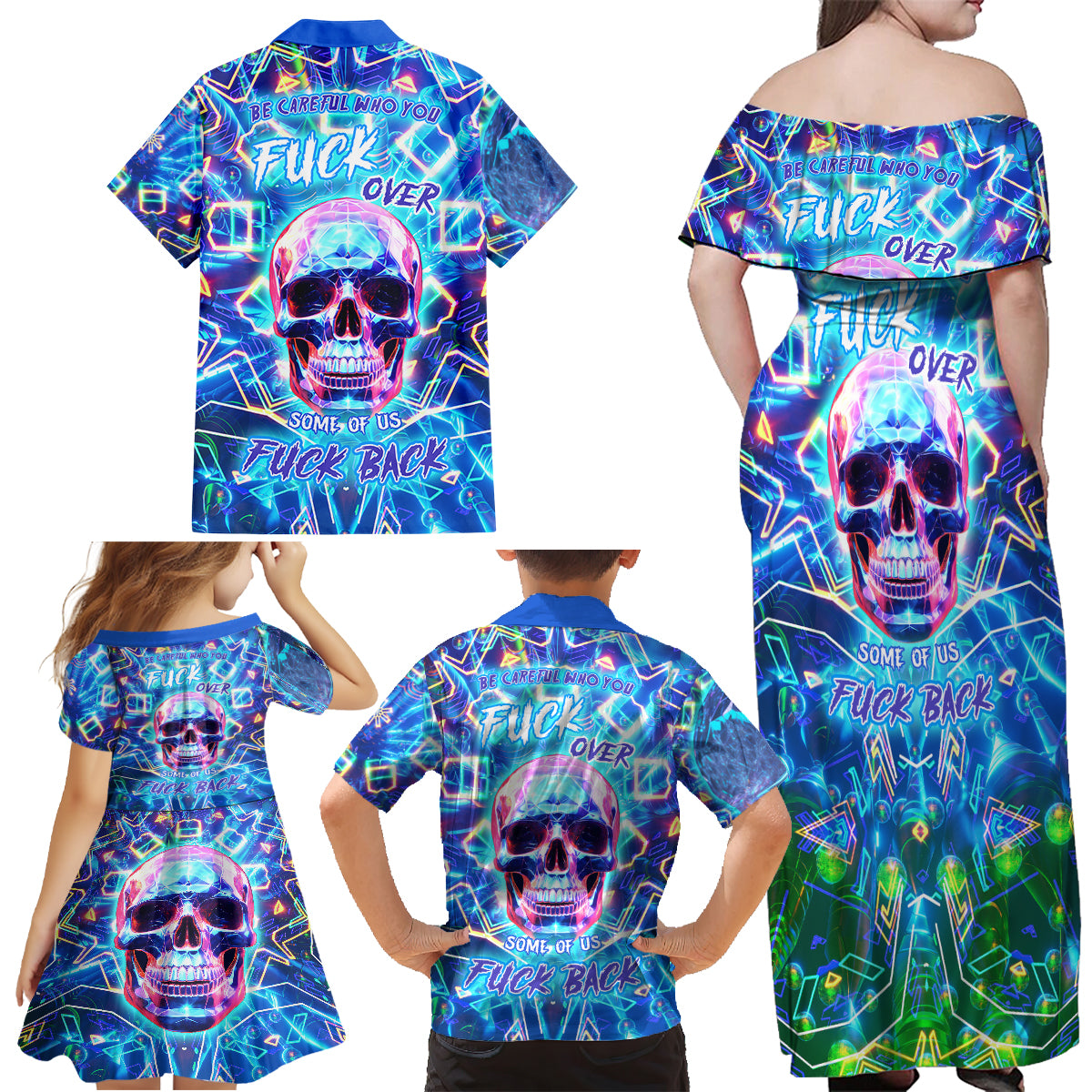 Warning Kinda Crazy Messy Bun Skull Family Matching Off Shoulder Maxi Dress and Hawaiian Shirt - Wonder Print Shop