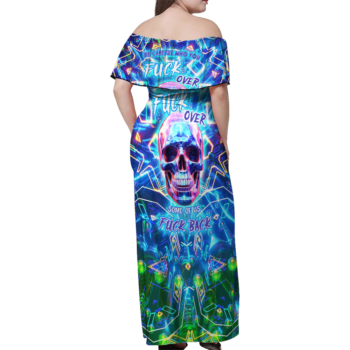 Warning Kinda Crazy Messy Bun Skull Family Matching Off Shoulder Maxi Dress and Hawaiian Shirt - Wonder Print Shop
