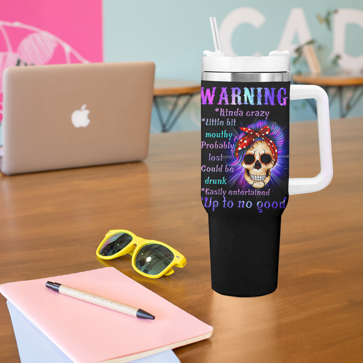 Warning Kinda Crazy Messy Bun Skull Tumbler With Handle - Wonder Print Shop