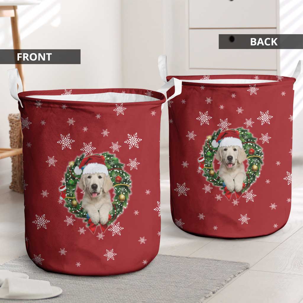 Golden Retriever Christmas Laundry Basket with Santa Hat Wreath and Snowflake Design - Wonder Print Shop