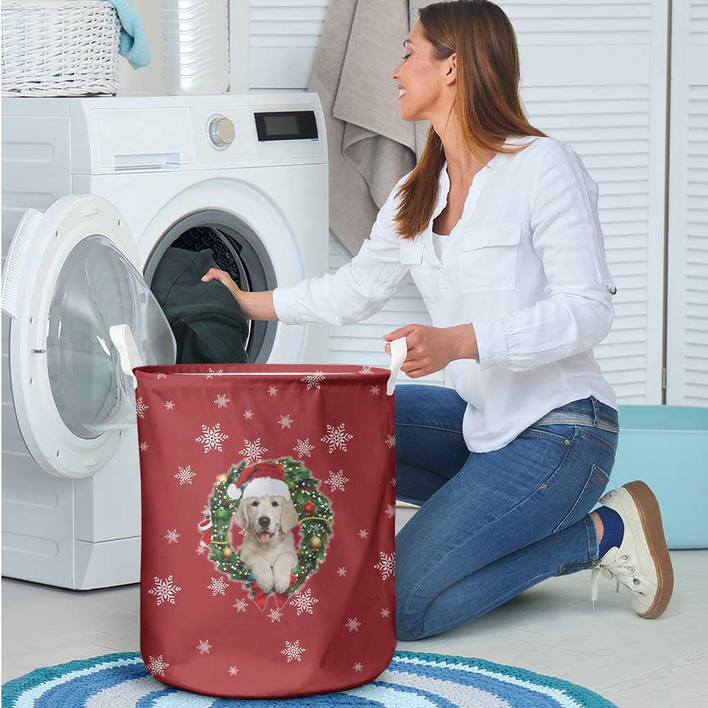 Golden Retriever Christmas Laundry Basket with Santa Hat Wreath and Snowflake Design - Wonder Print Shop