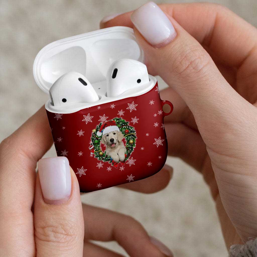 Golden Retriever Christmas AirPods Case with Santa Hat Wreath and Snowflake Design - Wonder Print Shop