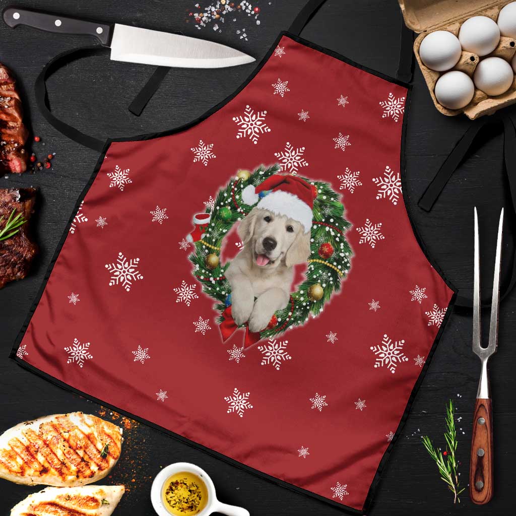 Golden Retriever Christmas Apron with Santa Hat Wreath and Snowflake Design - Wonder Print Shop