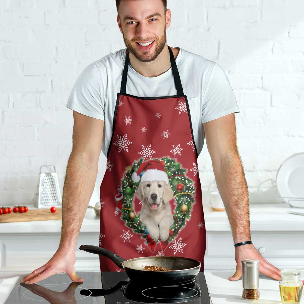 Golden Retriever Christmas Apron with Santa Hat Wreath and Snowflake Design - Wonder Print Shop