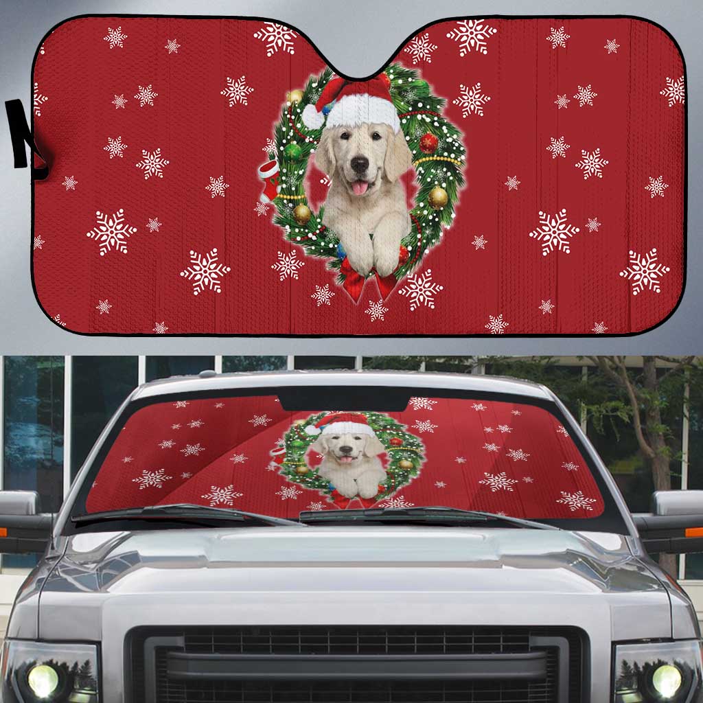 Golden Retriever Christmas Auto Sun Shade with Santa Hat Wreath and Snowflake Design - Wonder Print Shop