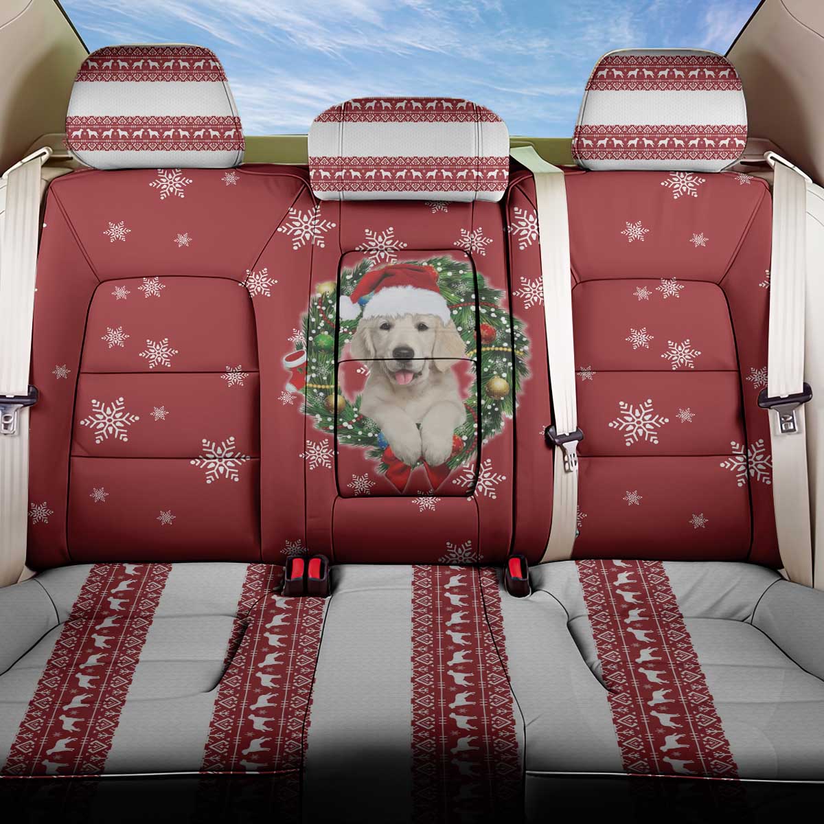 Golden Retriever Christmas Back Car Seat Cover with Santa Hat Wreath and Snowflake Design - Wonder Print Shop