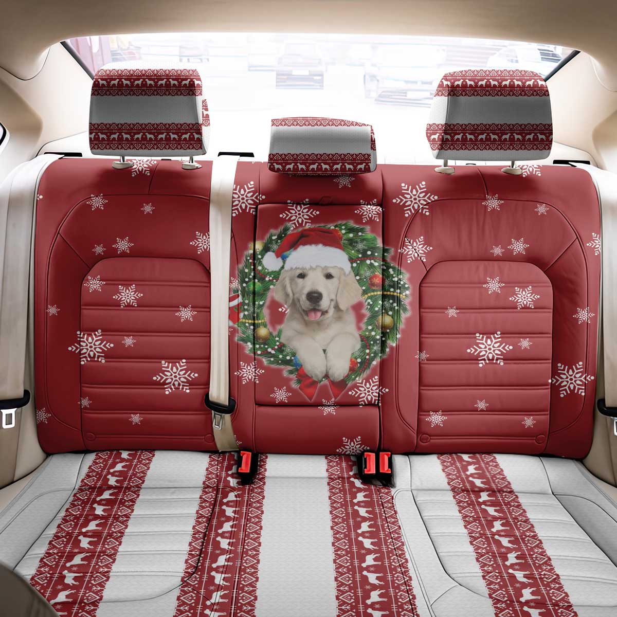 Golden Retriever Christmas Back Car Seat Cover with Santa Hat Wreath and Snowflake Design - Wonder Print Shop