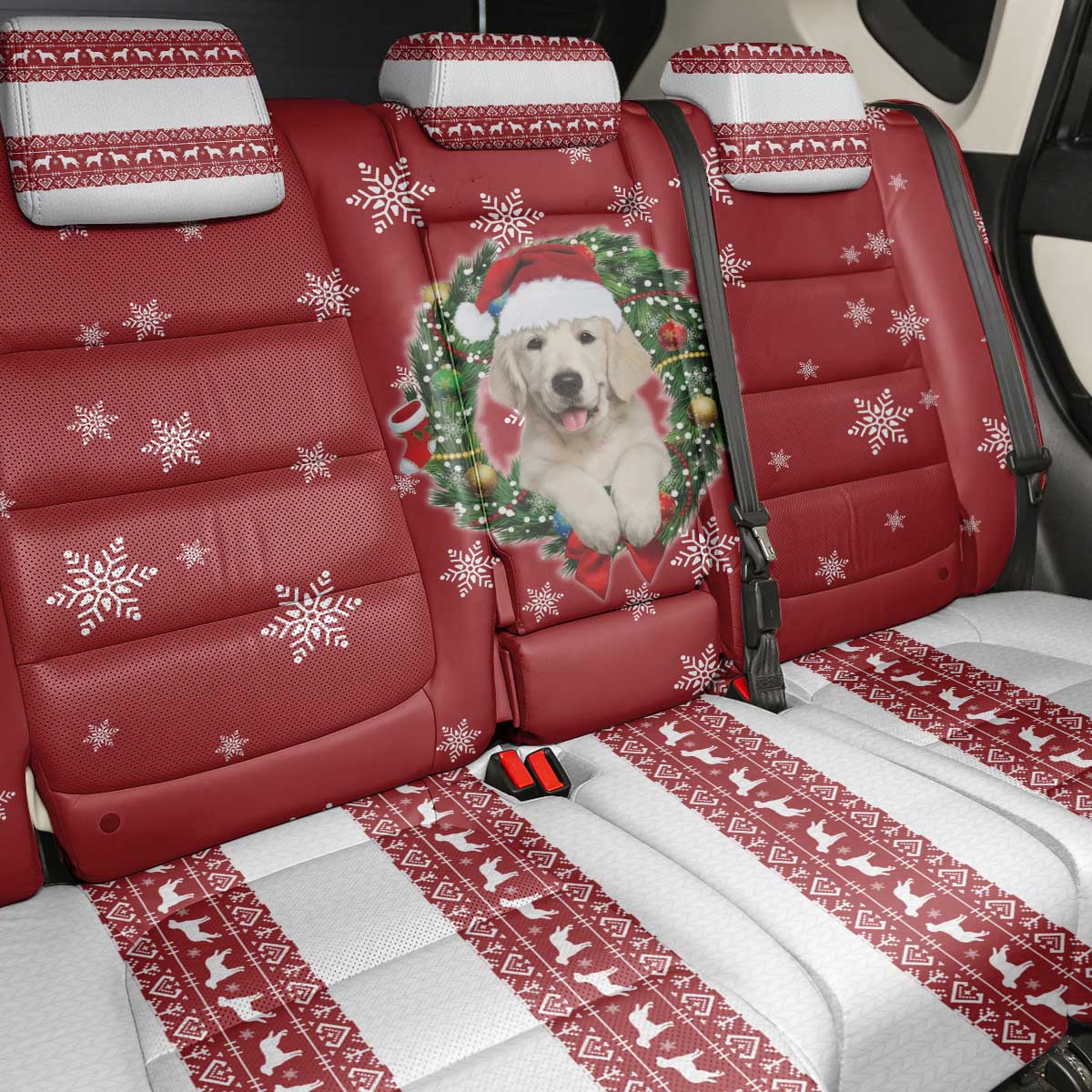 Golden Retriever Christmas Back Car Seat Cover with Santa Hat Wreath and Snowflake Design - Wonder Print Shop