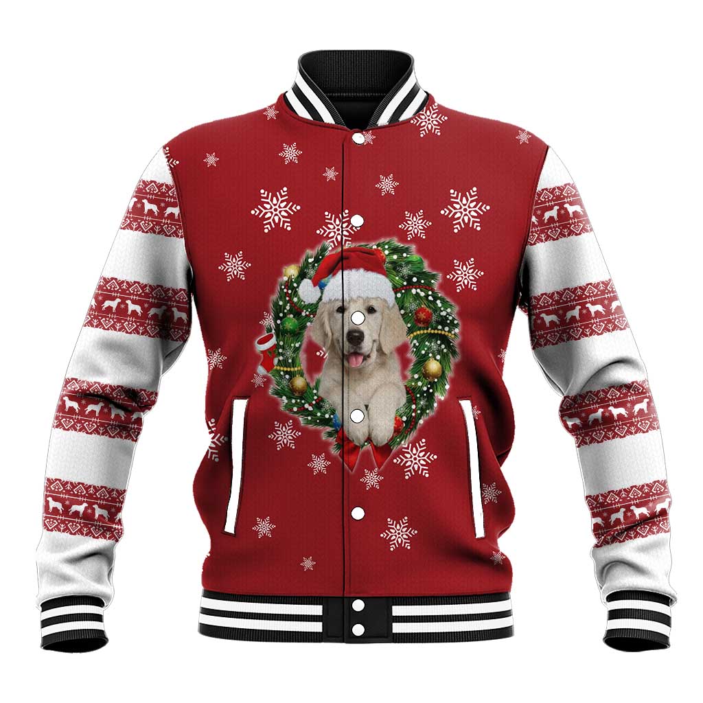 Golden Retriever Christmas Baseball Jacket with Santa Hat Wreath and Snowflake Design - Wonder Print Shop