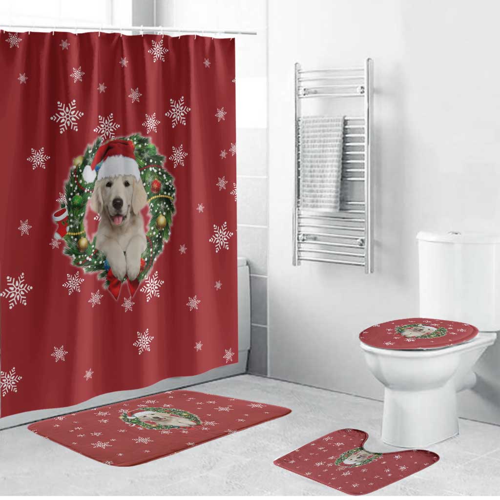 Golden Retriever Christmas Bathroom Set with Santa Hat Wreath and Snowflake Design - Wonder Print Shop