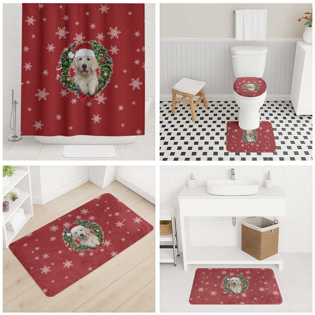 Golden Retriever Christmas Bathroom Set with Santa Hat Wreath and Snowflake Design - Wonder Print Shop