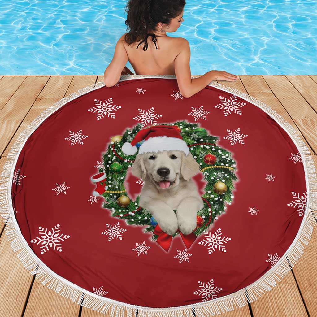 Golden Retriever Christmas Beach Blanket with Santa Hat Wreath and Snowflake Design - Wonder Print Shop