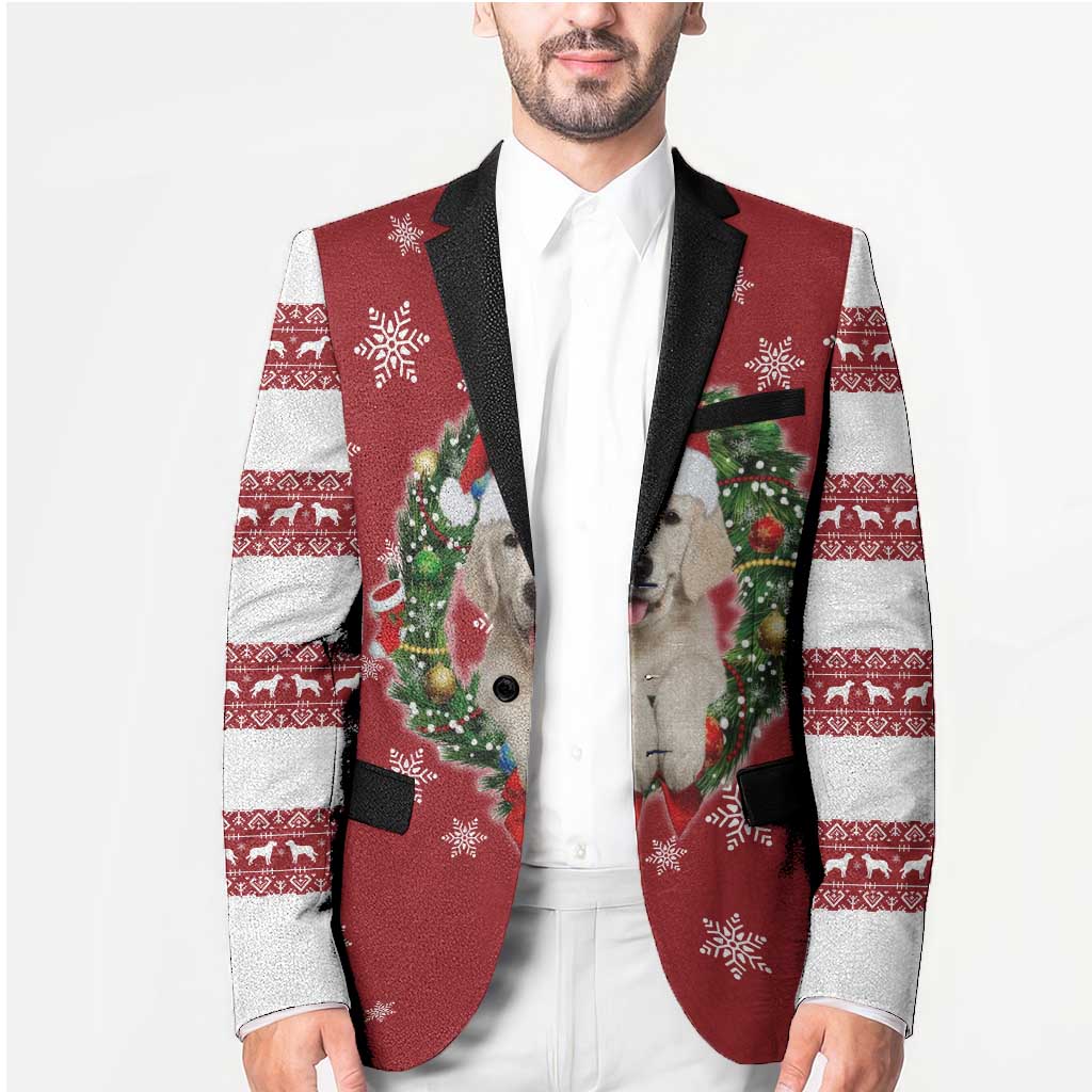 Golden Retriever Christmas Blazer with Santa Hat Wreath and Snowflake Design - Wonder Print Shop