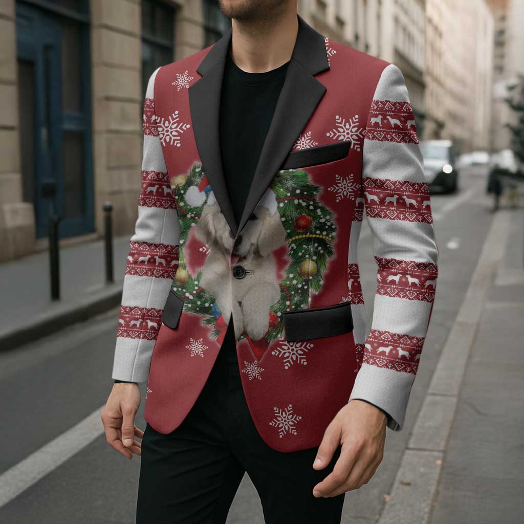 Golden Retriever Christmas Blazer with Santa Hat Wreath and Snowflake Design - Wonder Print Shop