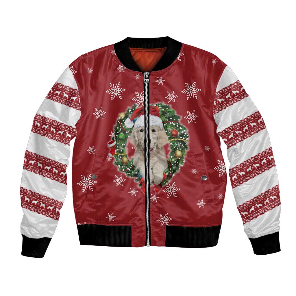 Golden Retriever Christmas Bomber Jacket with Santa Hat Wreath and Snowflake Design - Wonder Print Shop