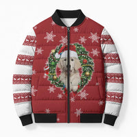 Golden Retriever Christmas Bomber Puffer Jacket with Santa Hat Wreath and Snowflake Design - undefined