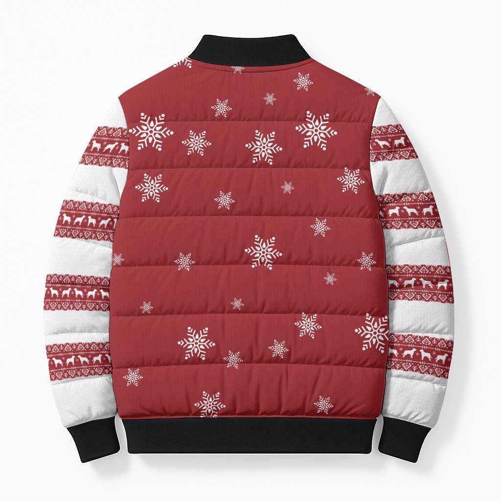 Golden Retriever Christmas Bomber Puffer Jacket with Santa Hat Wreath and Snowflake Design - undefined