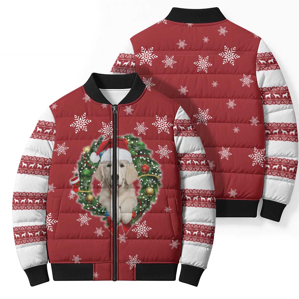 Golden Retriever Christmas Bomber Puffer Jacket with Santa Hat Wreath and Snowflake Design - undefined