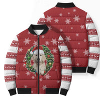 Golden Retriever Christmas Bomber Puffer Jacket with Santa Hat Wreath and Snowflake Design - undefined