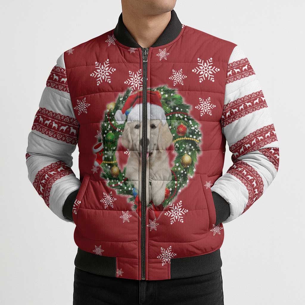 Golden Retriever Christmas Bomber Puffer Jacket with Santa Hat Wreath and Snowflake Design - undefined