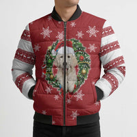 Golden Retriever Christmas Bomber Puffer Jacket with Santa Hat Wreath and Snowflake Design - undefined