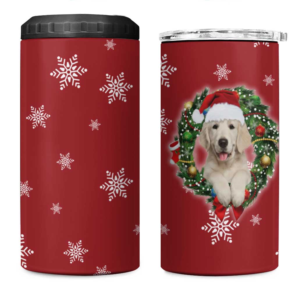 Golden Retriever Christmas 4 in 1 Can Cooler Tumbler with Santa Hat Wreath and Snowflake Design - Wonder Print Shop