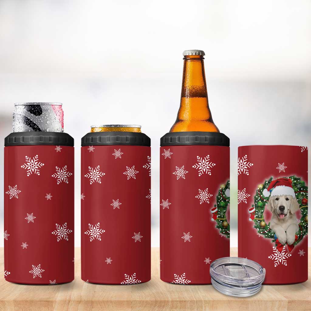 Golden Retriever Christmas 4 in 1 Can Cooler Tumbler with Santa Hat Wreath and Snowflake Design - Wonder Print Shop