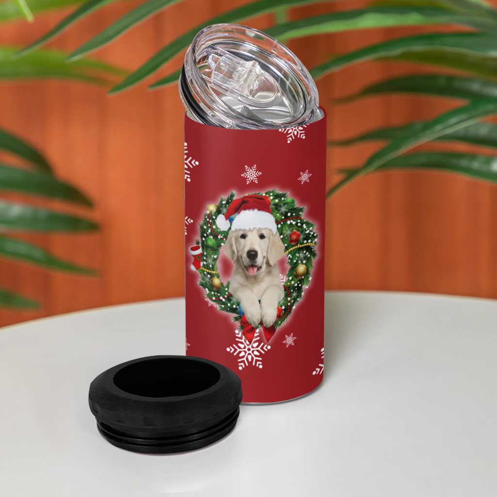 Golden Retriever Christmas 4 in 1 Can Cooler Tumbler with Santa Hat Wreath and Snowflake Design - Wonder Print Shop