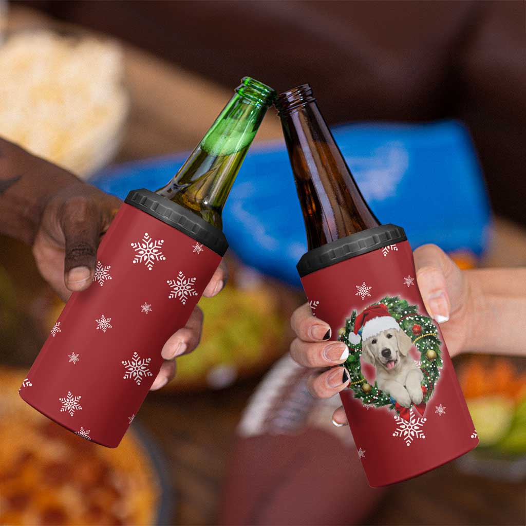 Golden Retriever Christmas 4 in 1 Can Cooler Tumbler with Santa Hat Wreath and Snowflake Design - Wonder Print Shop