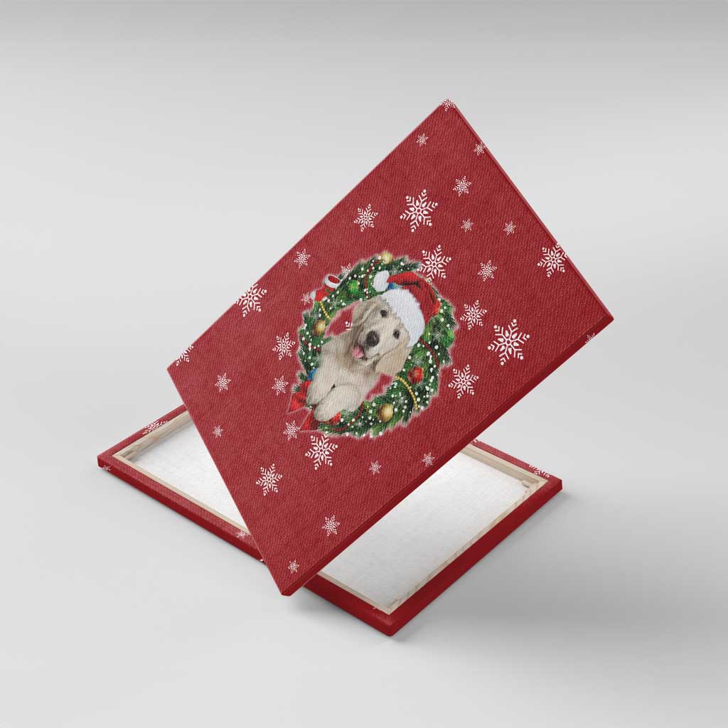 Golden Retriever Christmas Canvas Wall Art with Santa Hat Wreath and Snowflake Design - Wonder Print Shop