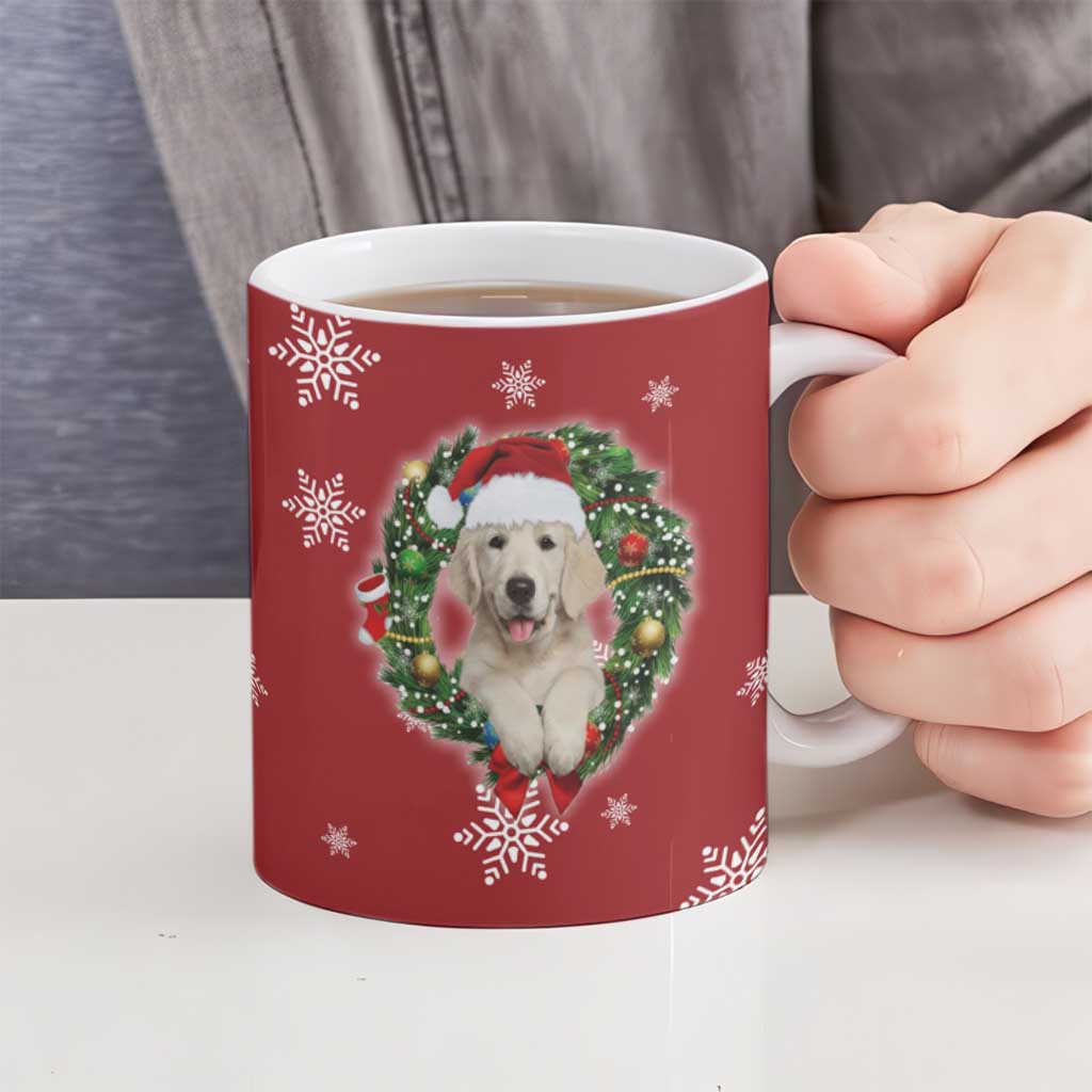 Golden Retriever Christmas Ceramic Mug with Santa Hat Wreath and Snowflake Design - Wonder Print Shop