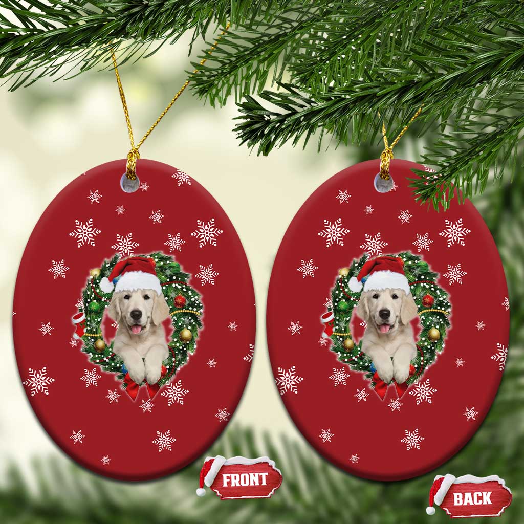 Golden Retriever Christmas Ceramic Ornament with Santa Hat Wreath and Snowflake Design - Wonder Print Shop